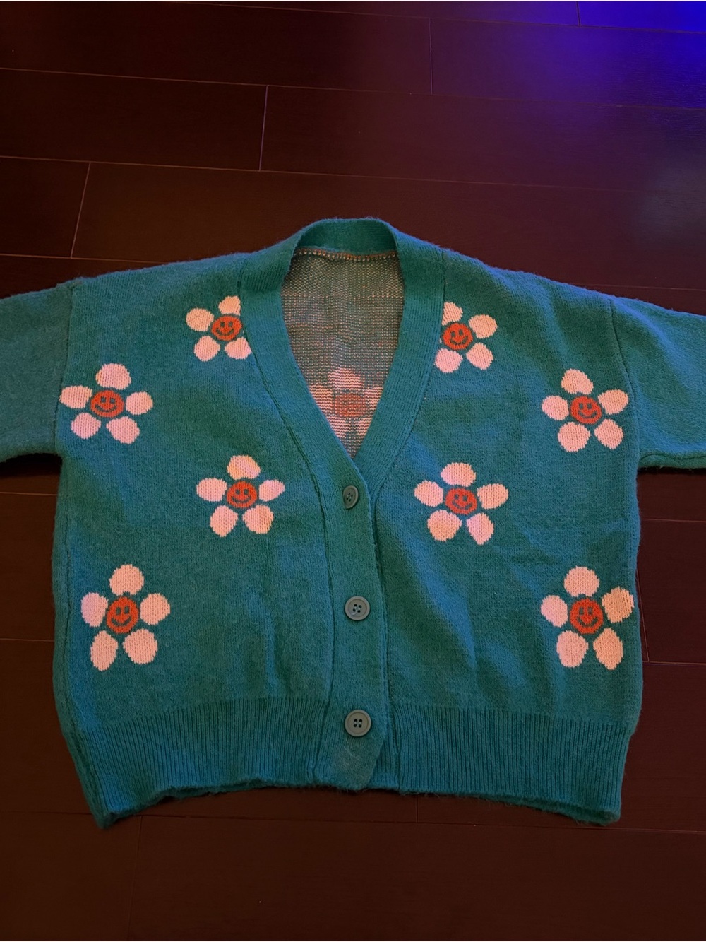 Teal Floral Smiley Cardigan Sweater - Women
